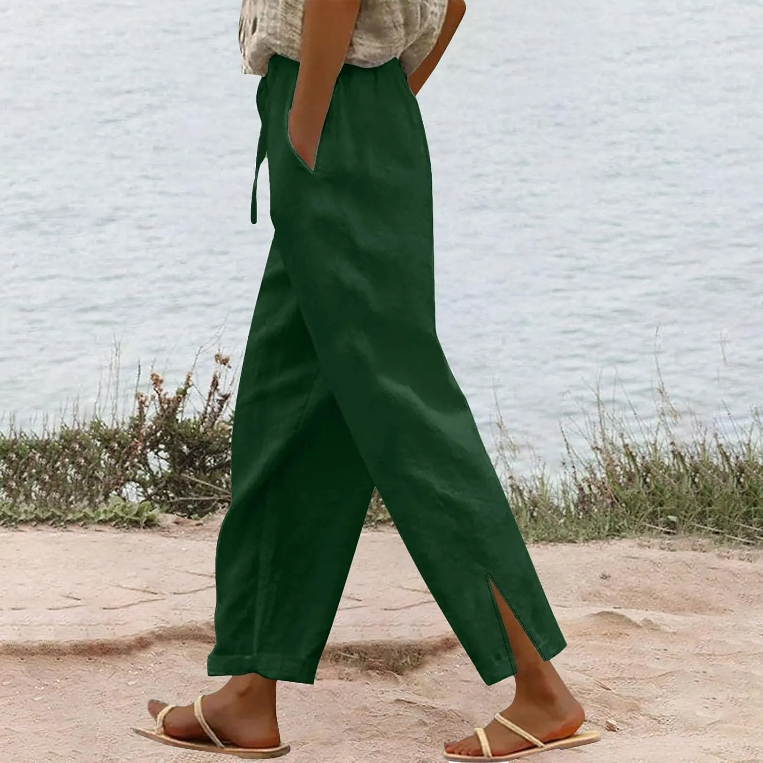 Summer Pants for Women 2025 Casual Cotton Linen Pants Drawstring High Waist Beach Pants with Pockets Vacation Outfits
