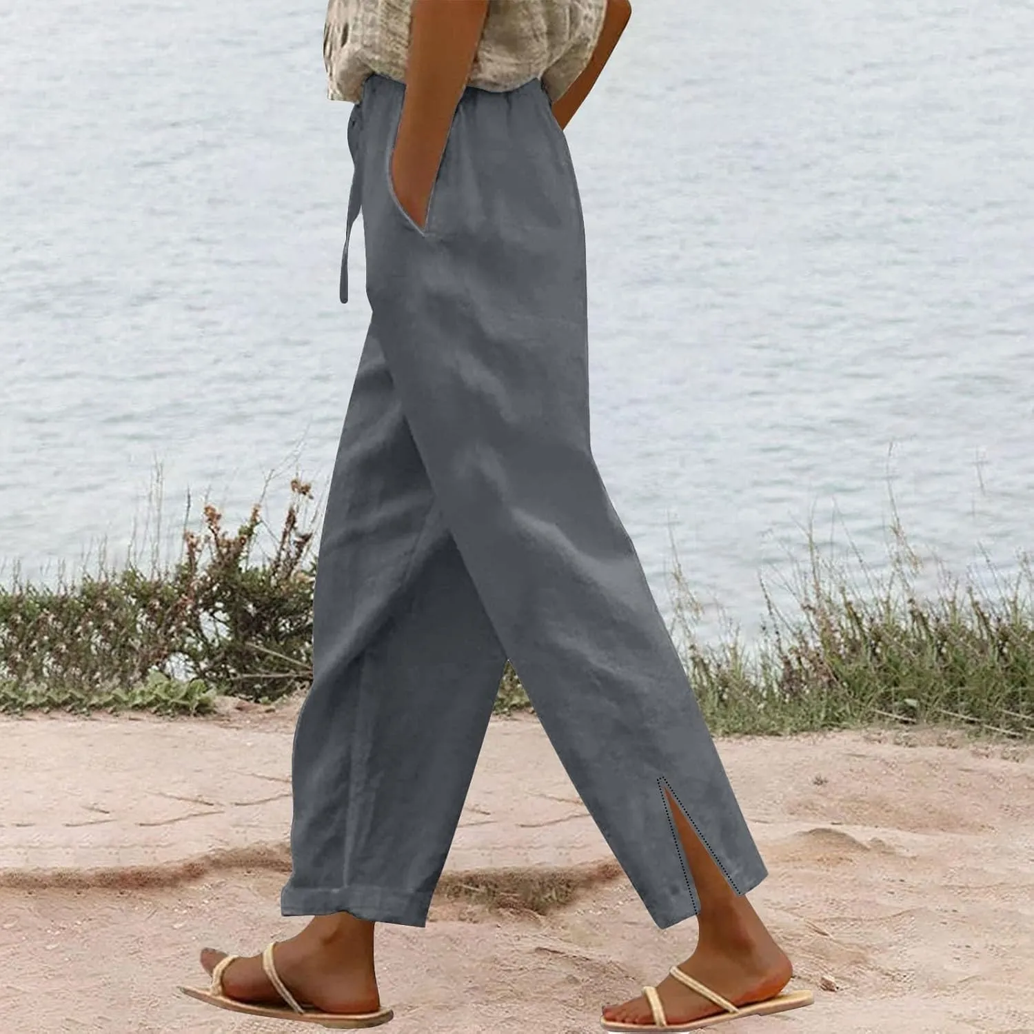 Summer Pants for Women 2025 Casual Cotton Linen Pants Drawstring High Waist Beach Pants with Pockets Vacation Outfits