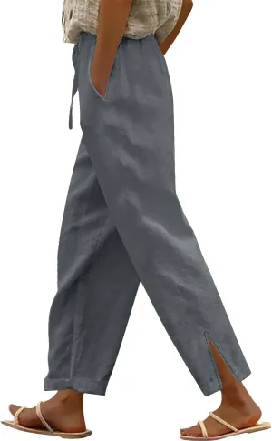 Summer Pants for Women 2025 Casual Cotton Linen Pants Drawstring High Waist Beach Pants with Pockets Vacation Outfits