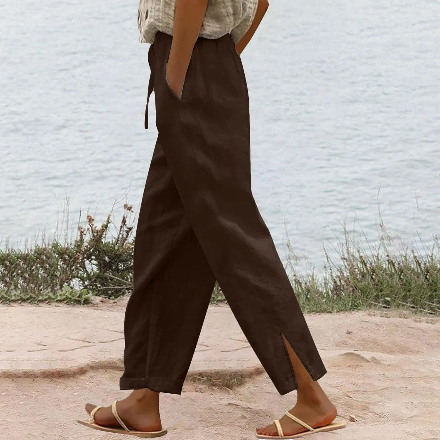 Summer Pants for Women 2025 Casual Cotton Linen Pants Drawstring High Waist Beach Pants with Pockets Vacation Outfits