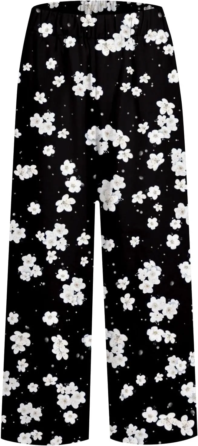 Summer Pants for Women 2025 Vacation Casual Boho Floral Print Cotton Linen Pants Fashion Wide Leg Stripe Lounge Pant