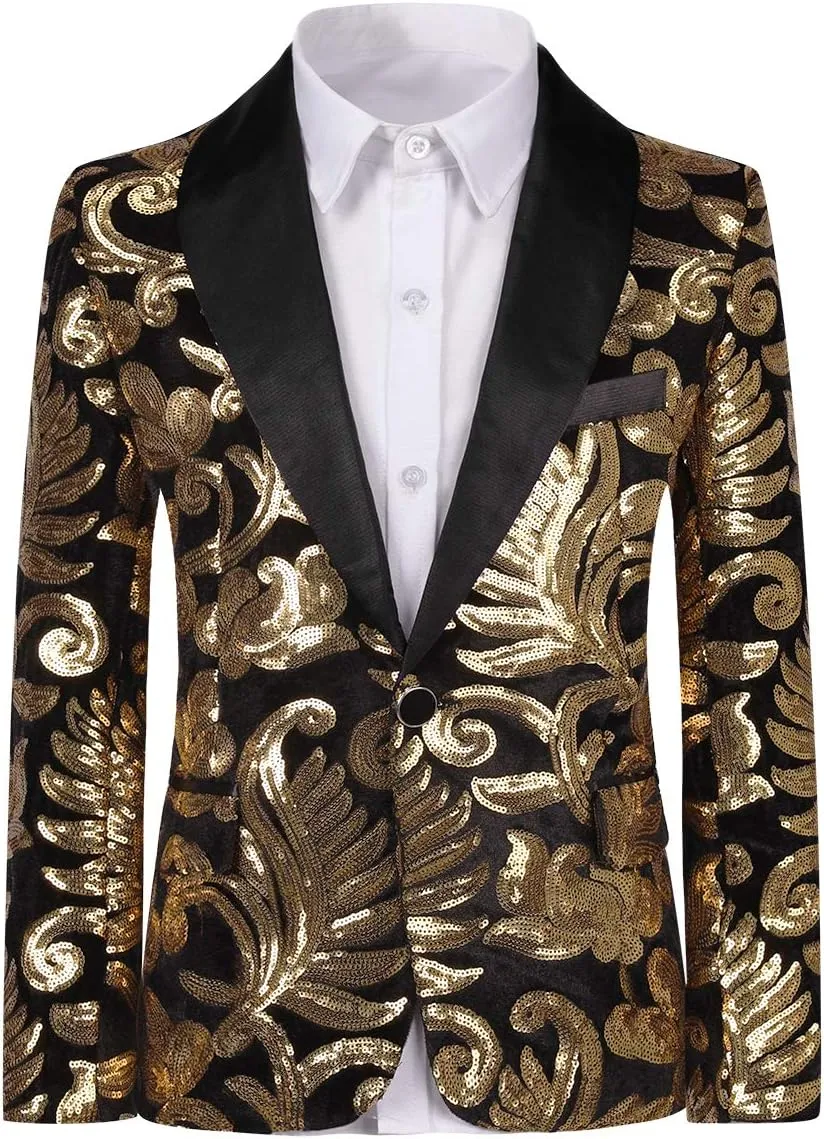 SWOTGdoby Boys Tuxedo Suit Shiny Formal Dress 2 Pieces Suit Set Paisley Blazer Pants Sequin Shawl Collar