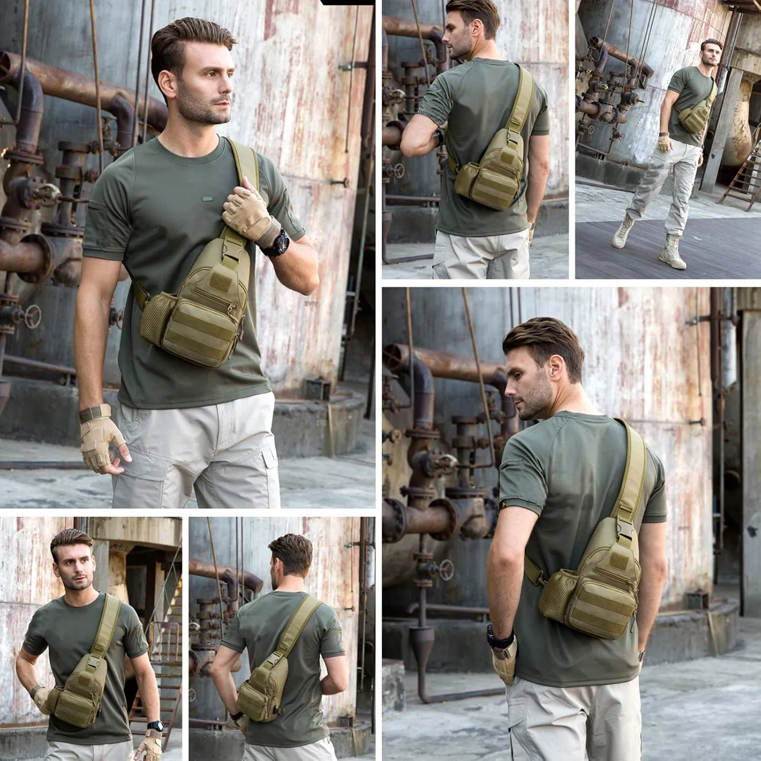 Tactical Military Chest Sling Bag Water Resistant MOLLE Shoulder Backpack Mens One Strap Daypack with Water Bottle Holder
