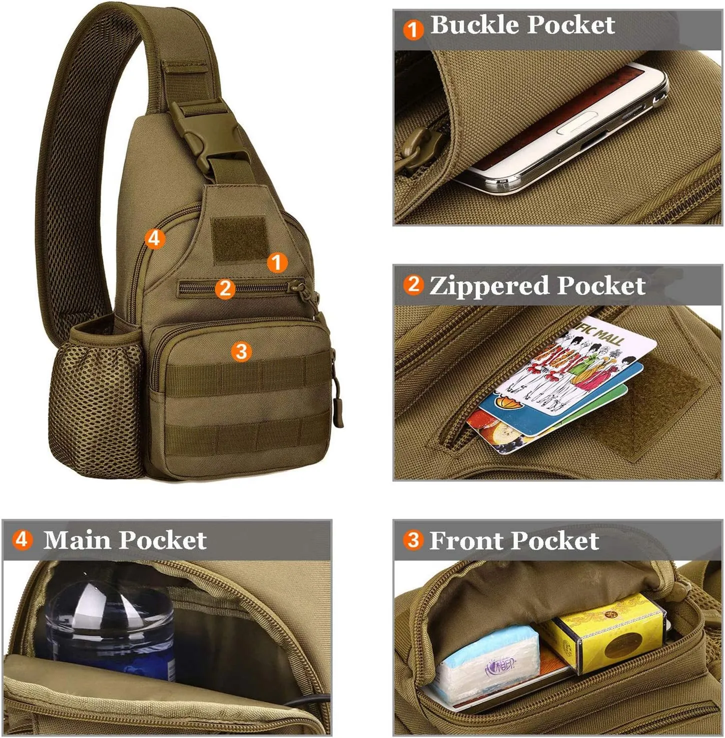 Tactical Military Chest Sling Bag Water Resistant MOLLE Shoulder Backpack Mens One Strap Daypack with Water Bottle Holder