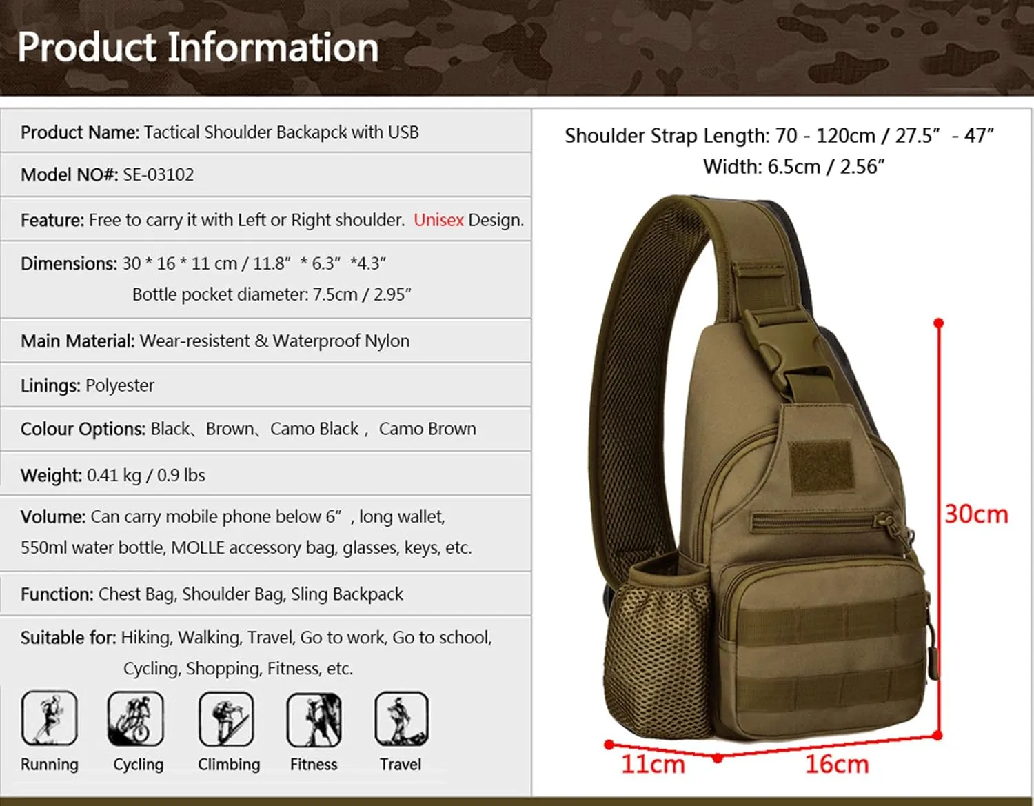 Tactical Military Chest Sling Bag Water Resistant MOLLE Shoulder Backpack Mens One Strap Daypack with Water Bottle Holder