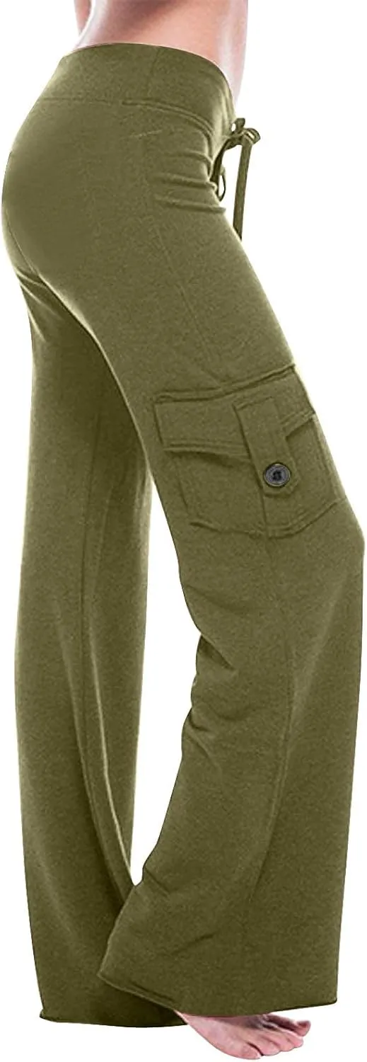 TANGNADE Womens Cargo Pants High Waist Wide Leg Pants with Pockets Drawstring Yoga Workout Leggings Gym Trouser Pants