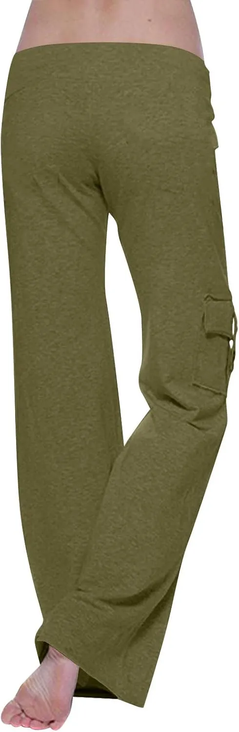 TANGNADE Womens Cargo Pants High Waist Wide Leg Pants with Pockets Drawstring Yoga Workout Leggings Gym Trouser Pants