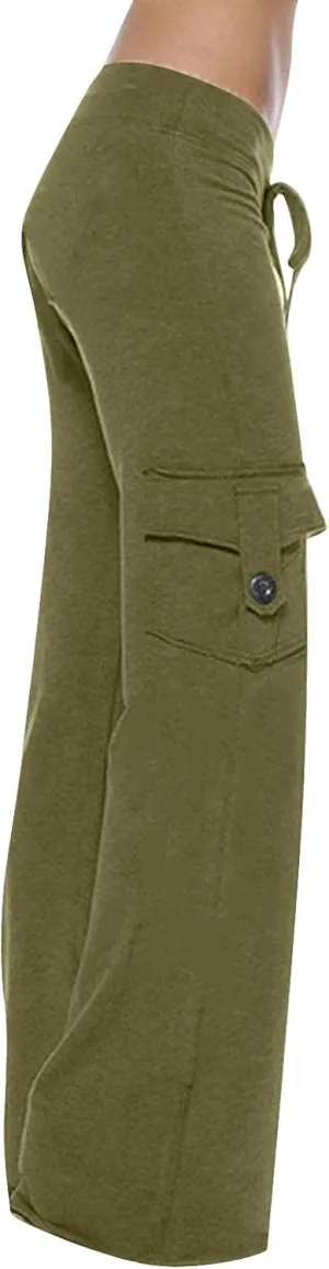 TANGNADE Womens Cargo Pants High Waist Wide Leg Pants with Pockets Drawstring Yoga Workout Leggings Gym Trouser Pants