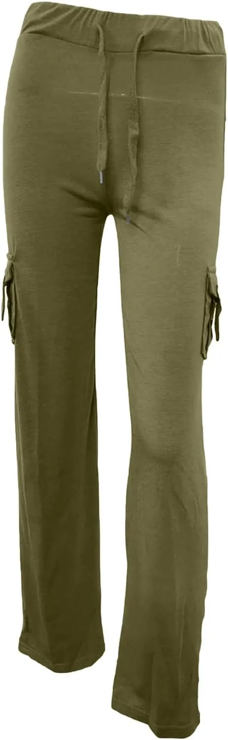 TANGNADE Womens Cargo Pants High Waist Wide Leg Pants with Pockets Drawstring Yoga Workout Leggings Gym Trouser Pants