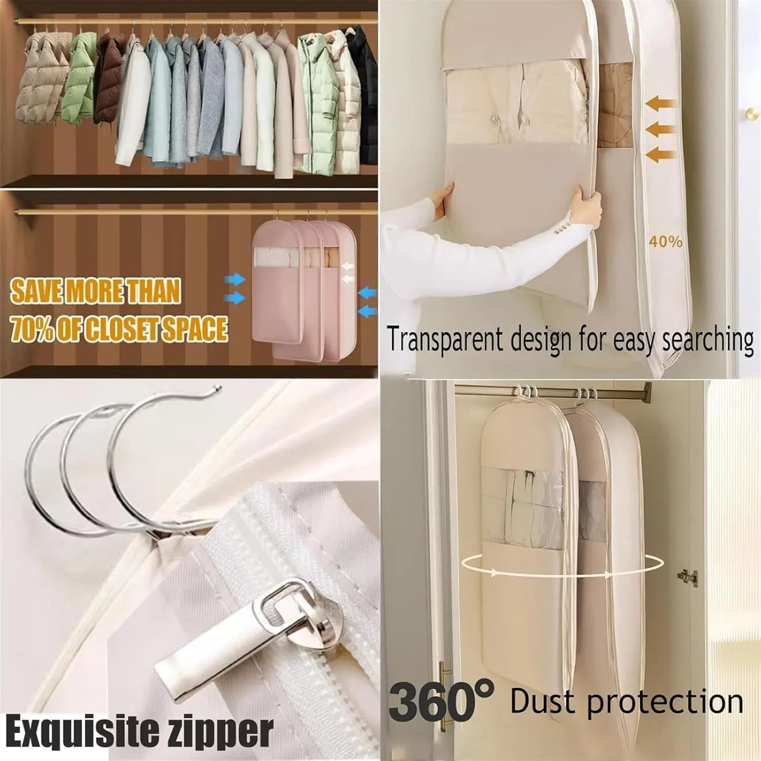 Taprinferior Hanging Garment Bag, Tapinterior Garment Bag, Space Saving Hanging Garment Bags with Self Compression Zipper, For down Coat, Suit (Pink, M)