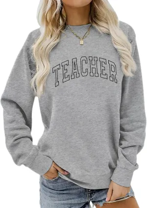 Teacher Sweatshirts for Women Cute Teacher Life Graphic Shirt Inspirational Long Sleeve Crewneck Loose Pullover Tops