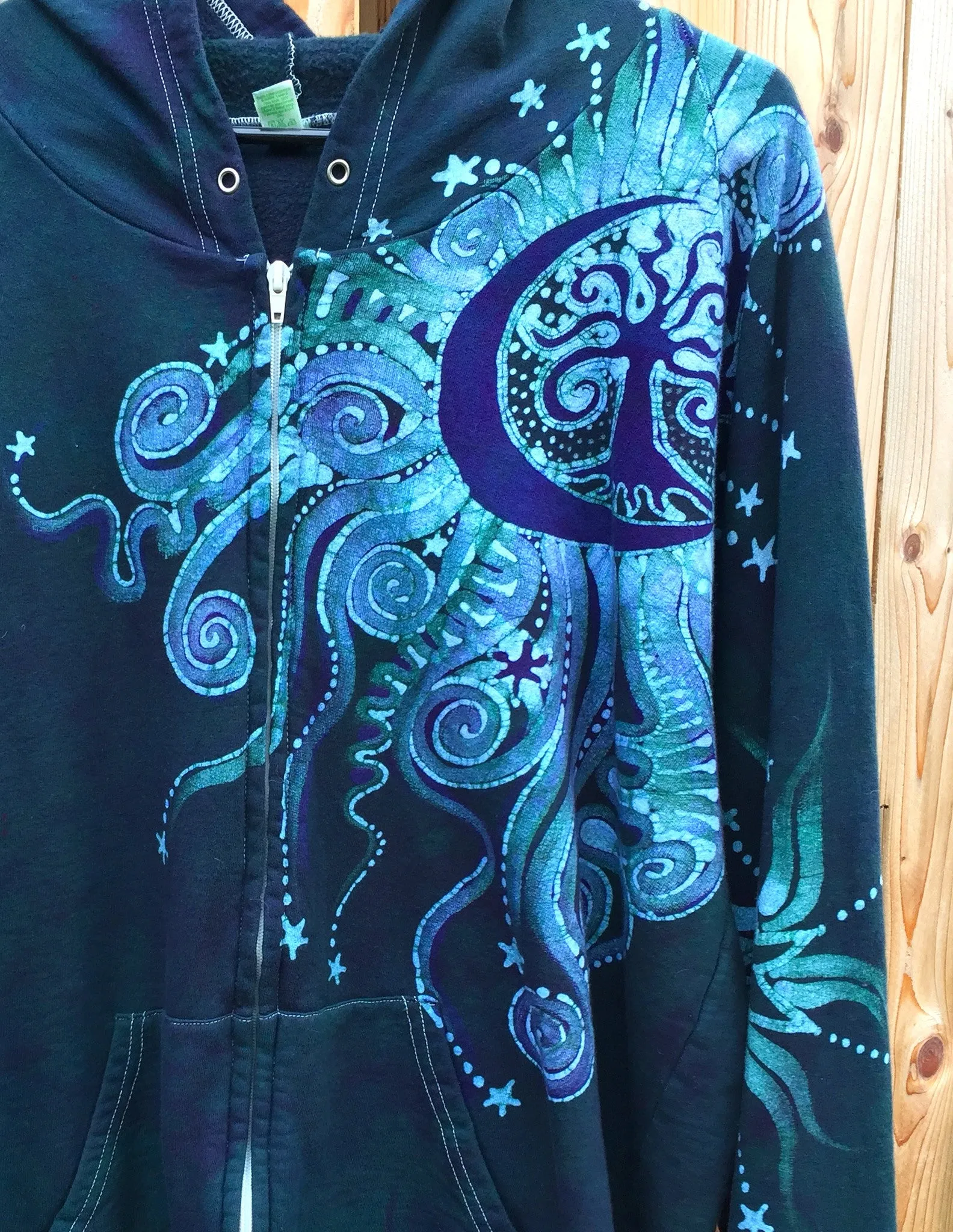 Teal and Purple Tree Moon Organic Cotton Batik Hoodie