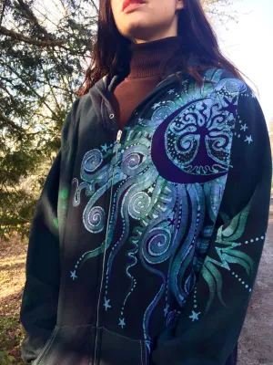 Teal and Purple Tree Moon Organic Cotton Batik Hoodie
