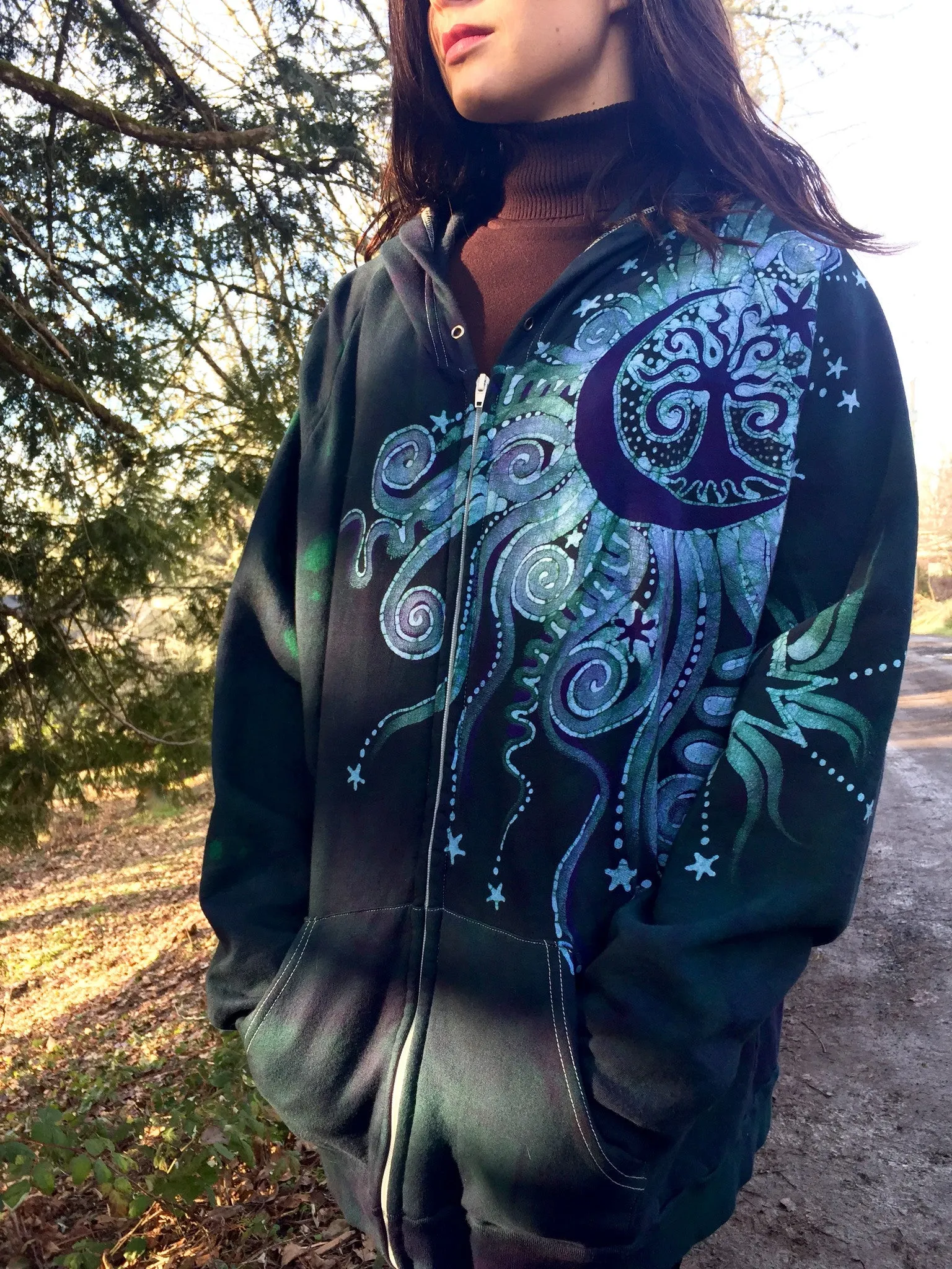 Teal and Purple Tree Moon Organic Cotton Batik Hoodie