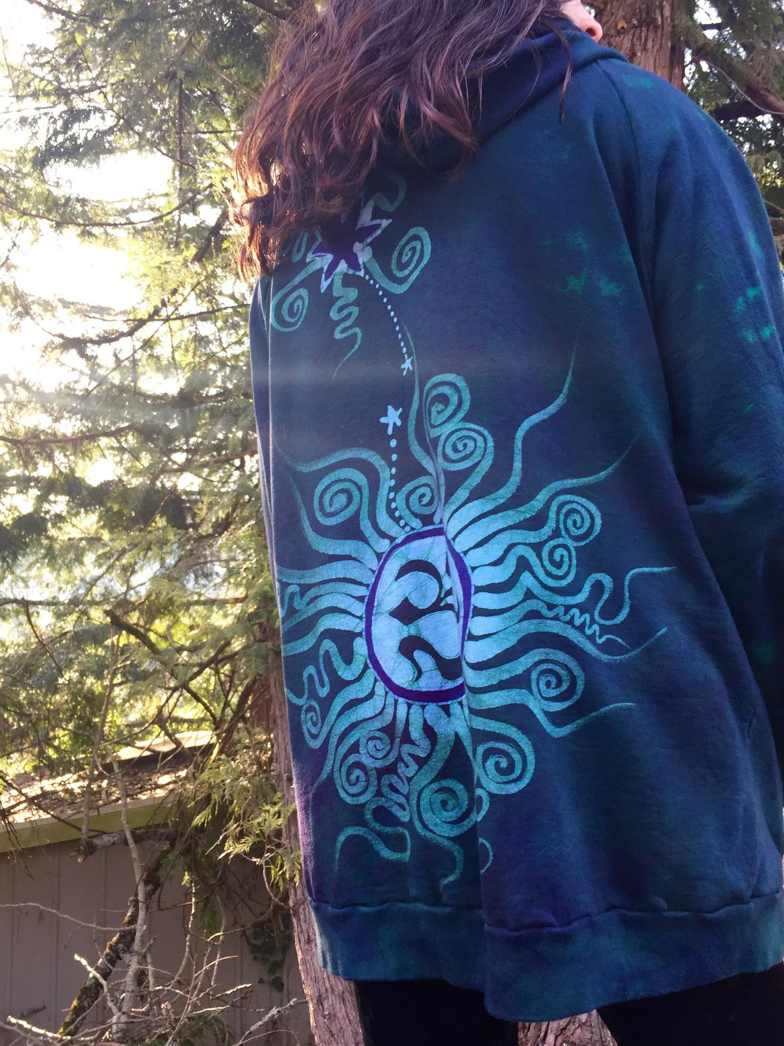 Teal and Purple Tree Moon Organic Cotton Batik Hoodie