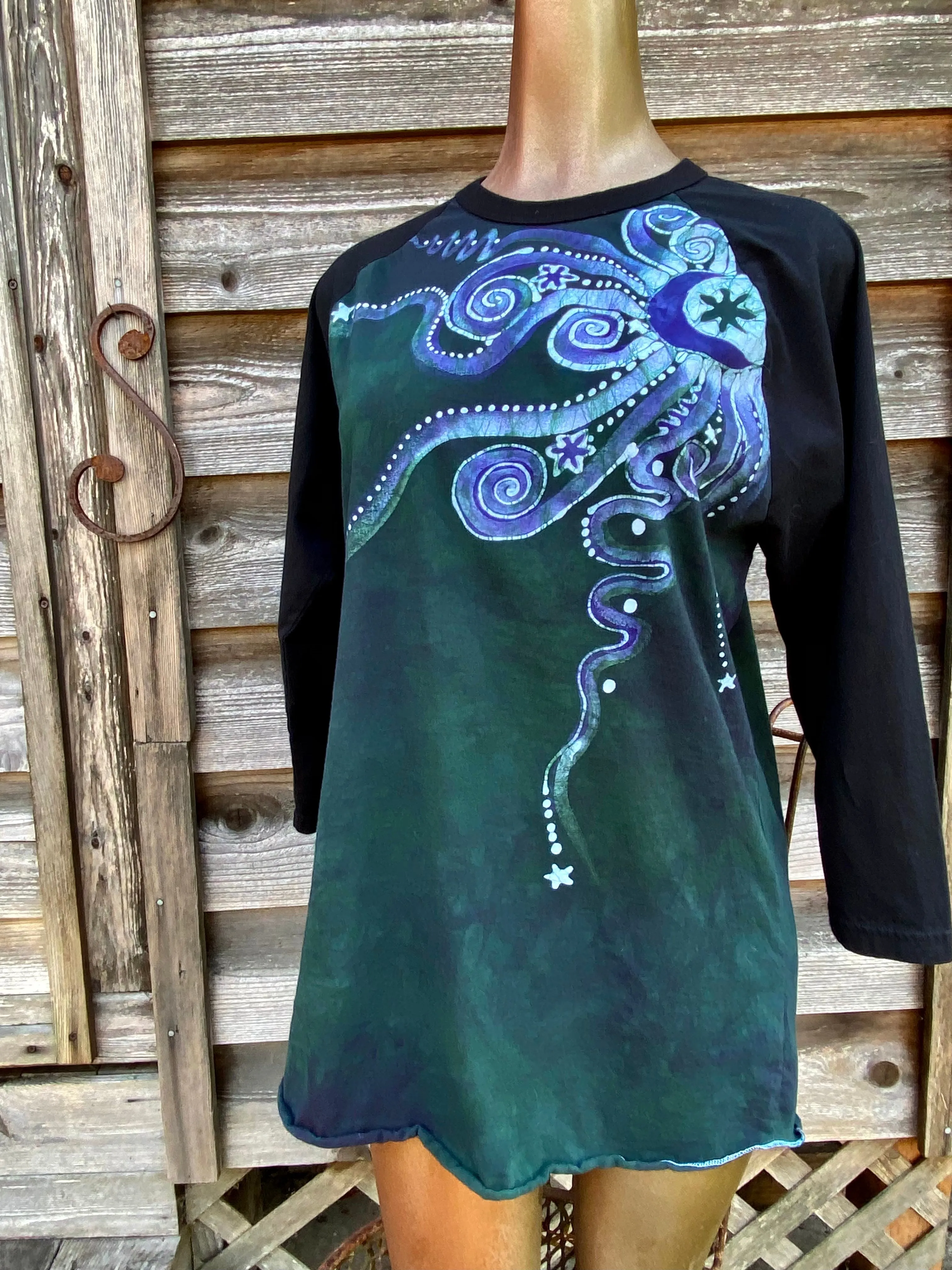 Teal Moonbeams Black Raglan 3/4 Sleeve Batik Top