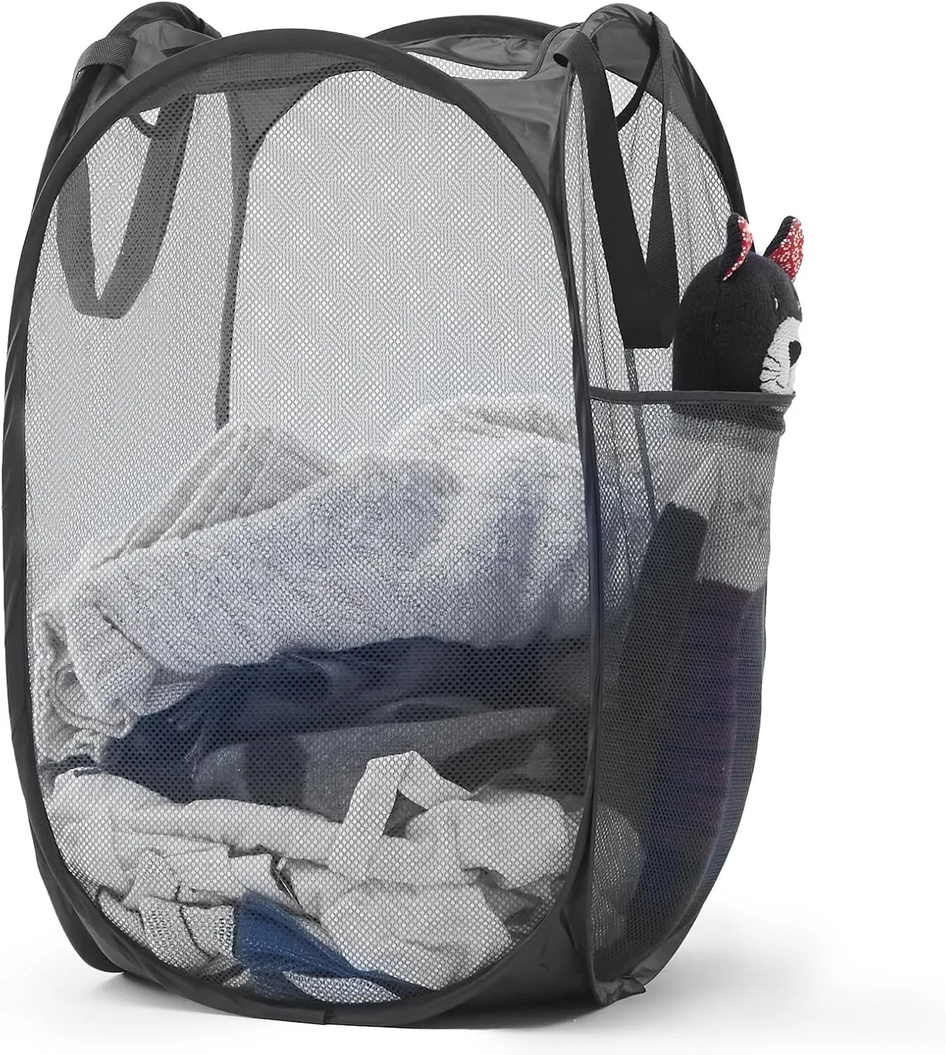 TECHMILLY Upgraded 105L Collapsible Mesh Pop Up Laundry Hamper with Sturdy Handles and Side Pocket - Portable Foldable Clothes Baskets for Dorm, Bathroom & Travel Storage (Black Plus)