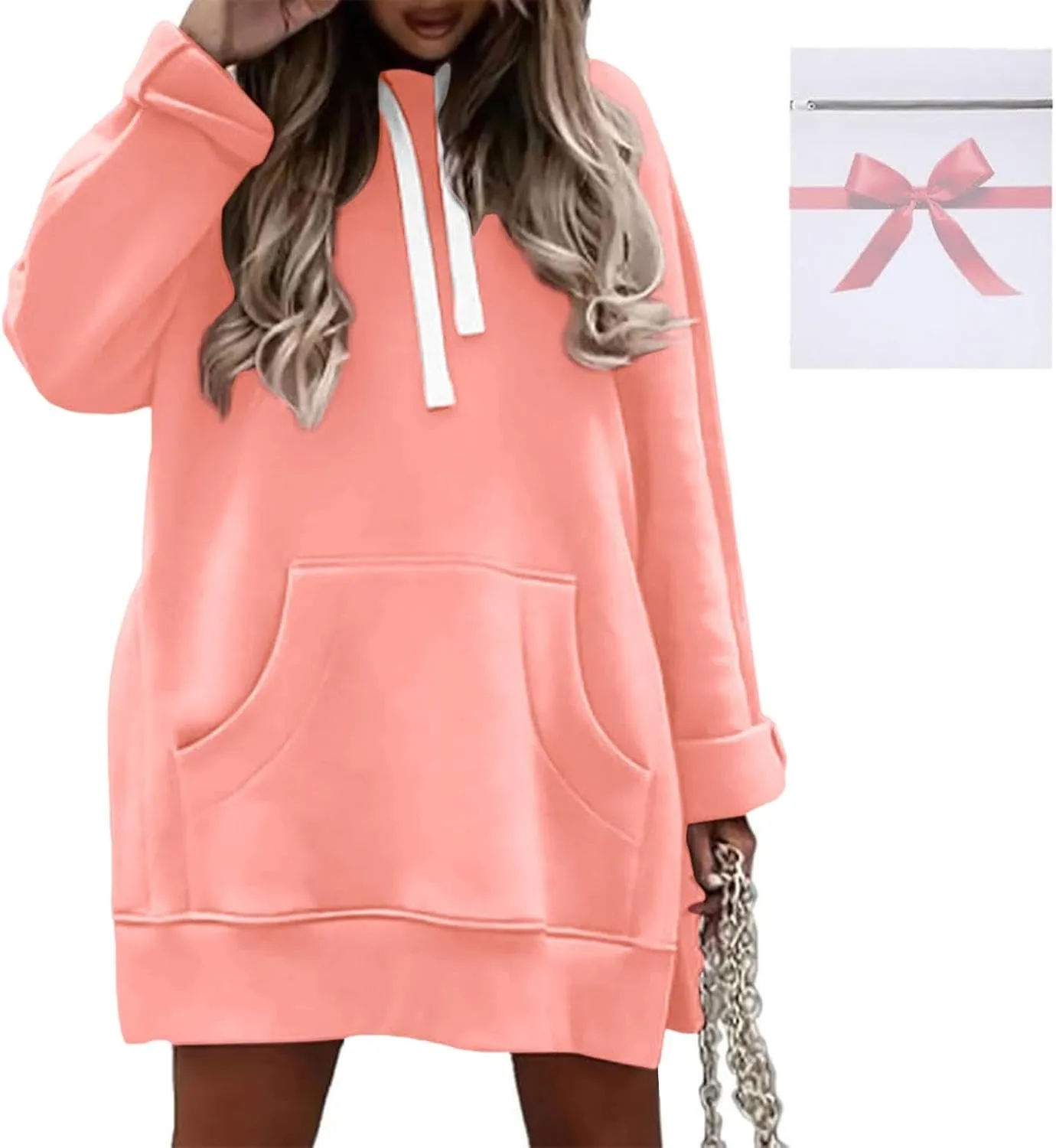 The Warmy Oversized Hoodie Dress, Warmy Hoodie, Women's Casual Pullover Split Hem Drawstring Long Sweatshirt with Pocket