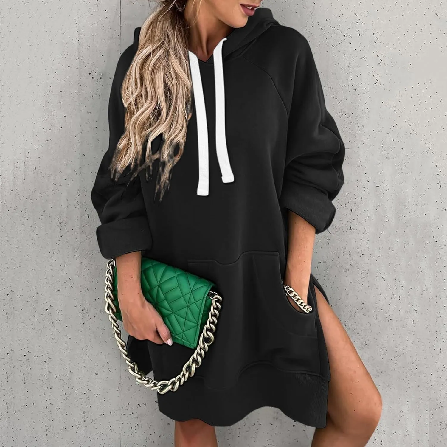 The Warmy Oversized Hoodie Dress, Warmy Hoodie, Women's Casual Pullover Split Hem Drawstring Long Sweatshirt with Pocket