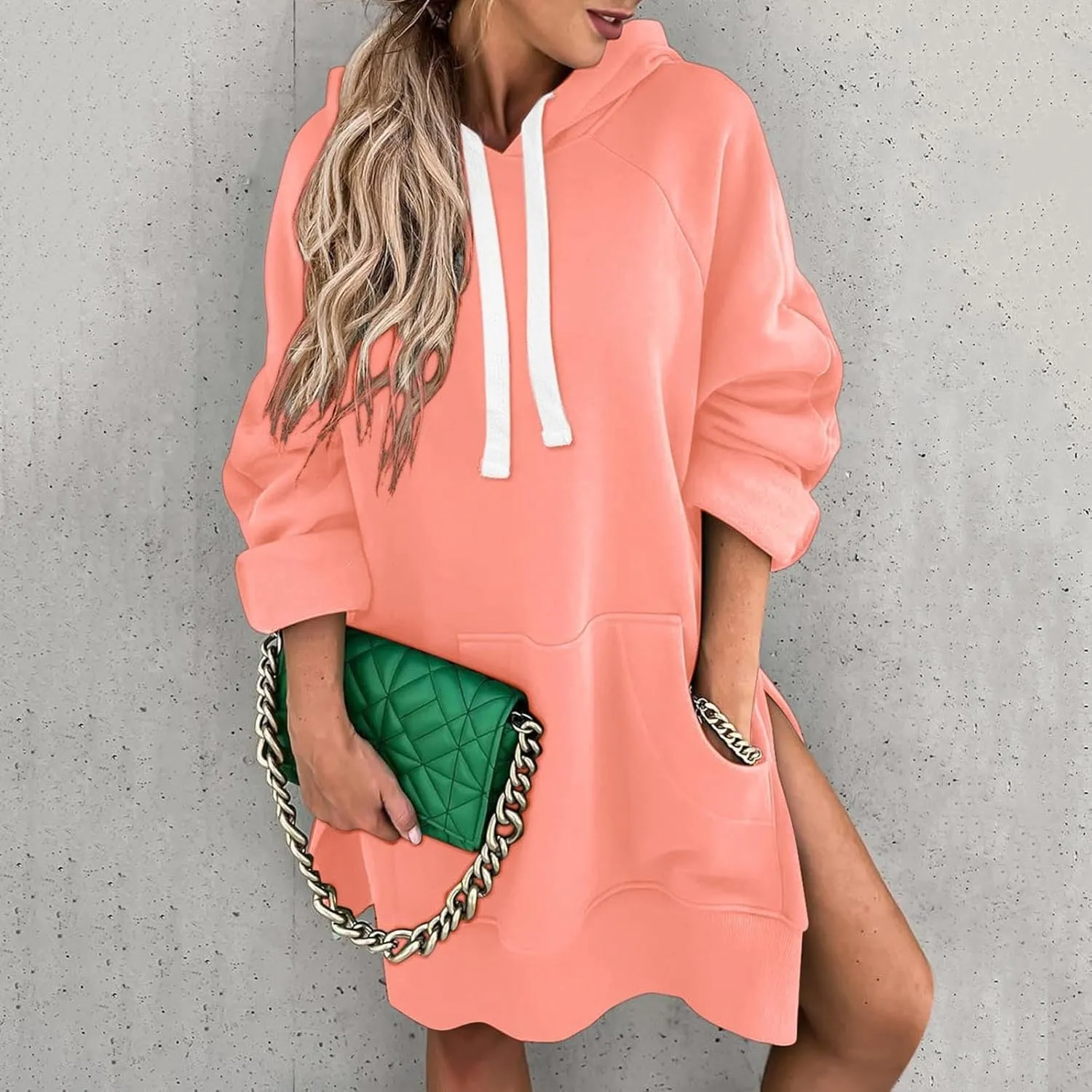 The Warmy Oversized Hoodie Dress, Warmy Hoodie, Women's Casual Pullover Split Hem Drawstring Long Sweatshirt with Pocket
