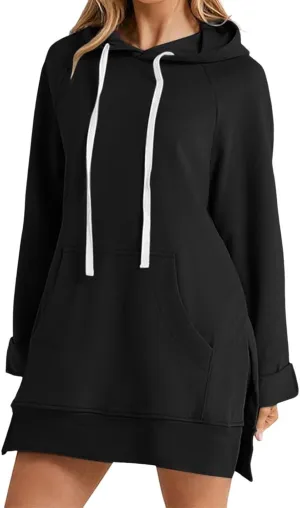 The Warmy Oversized Hoodie Dress, Warmy Hoodie, Women's Casual Pullover Split Hem Drawstring Long Sweatshirt with Pocket