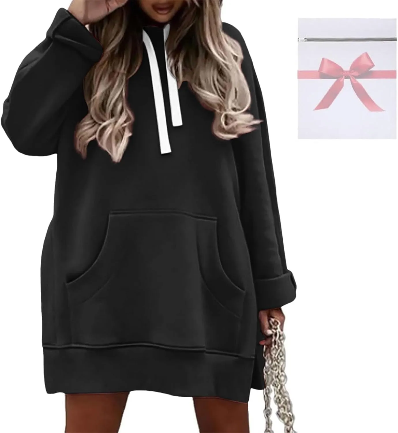 The Warmy Oversized Hoodie Dress, Warmy Hoodie, Women's Casual Pullover Split Hem Drawstring Long Sweatshirt with Pocket