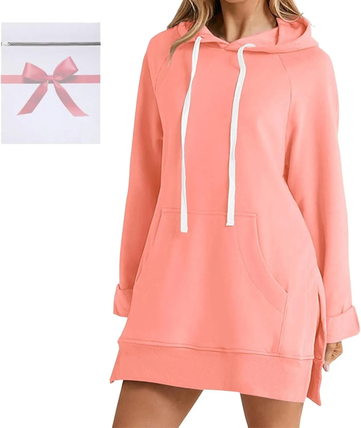 The Warmy Oversized Hoodie Dress, Warmy Hoodie, Women's Casual Pullover Split Hem Drawstring Long Sweatshirt with Pocket