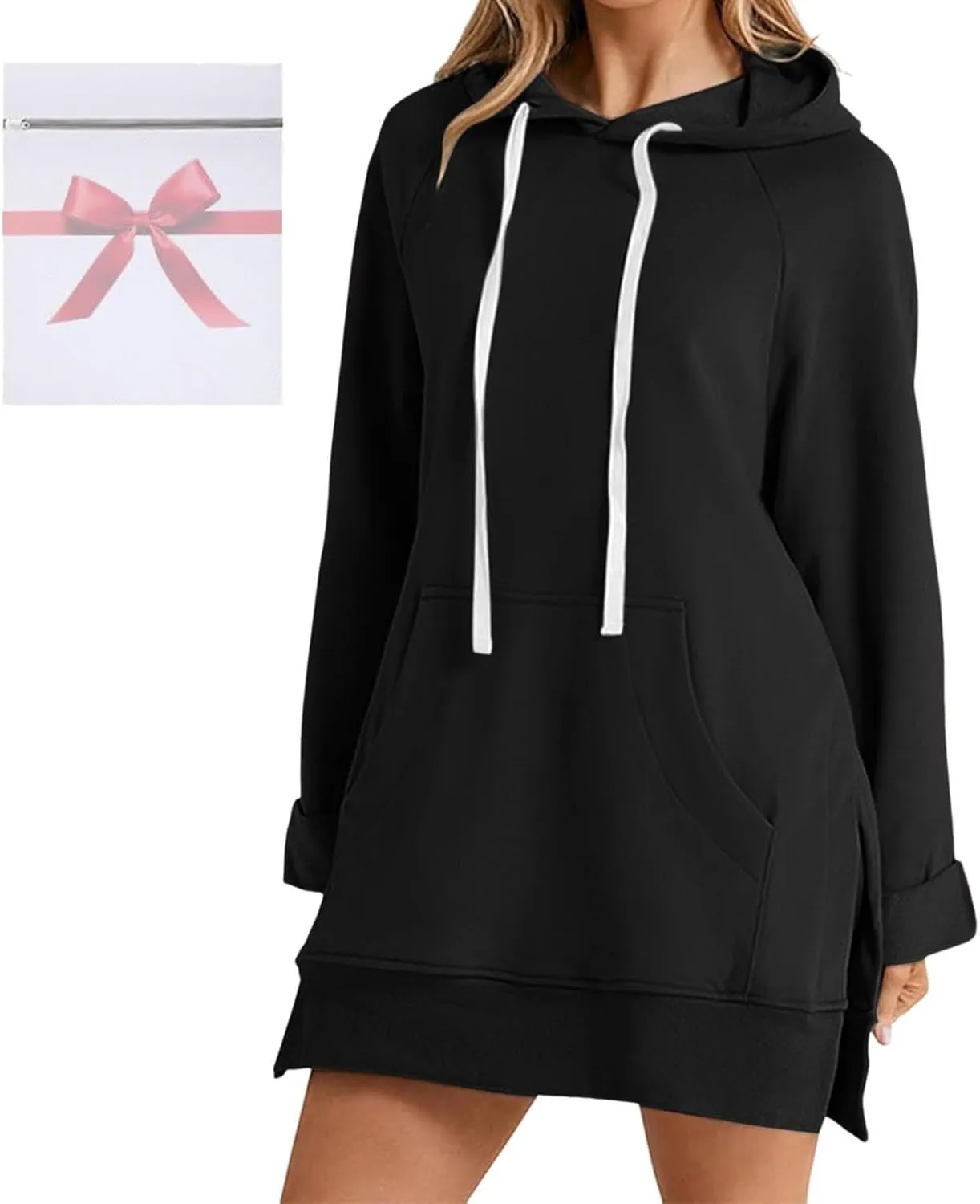 The Warmy Oversized Hoodie Dress, Warmy Hoodie, Women's Casual Pullover Split Hem Drawstring Long Sweatshirt with Pocket