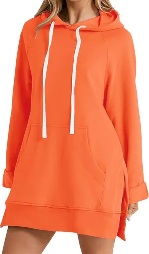 The Warmy Oversized Hoodie Dress, Warmy Hoodie, Women's Casual Pullover Split Hem Drawstring Long Sweatshirt with Pocket