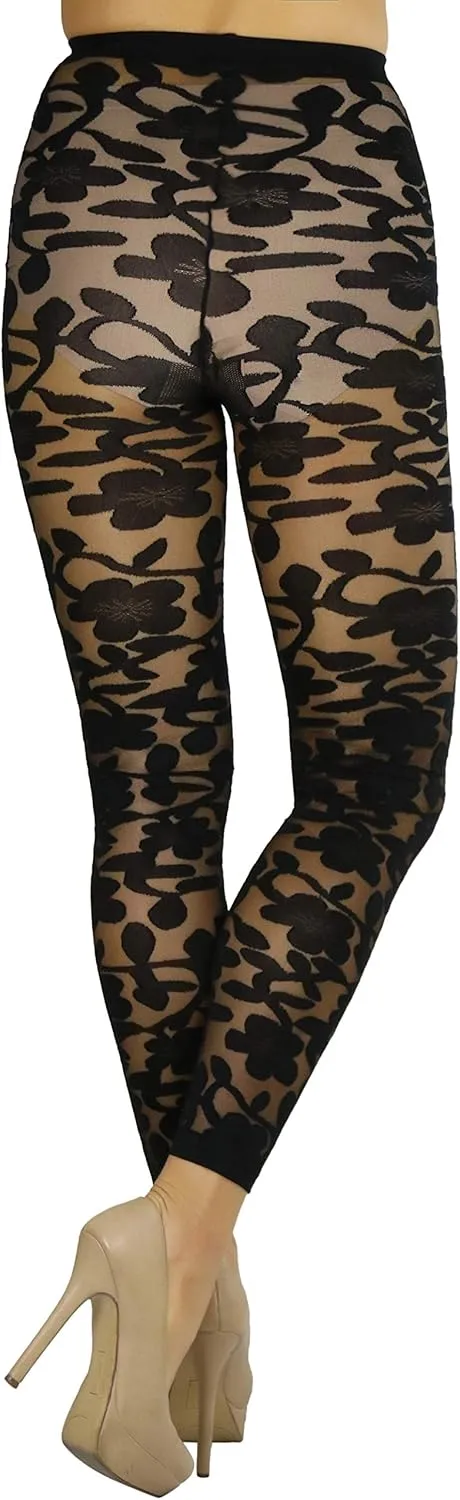 ToBeInStyle Women's Sheer Floral Lace Full Length Leggings