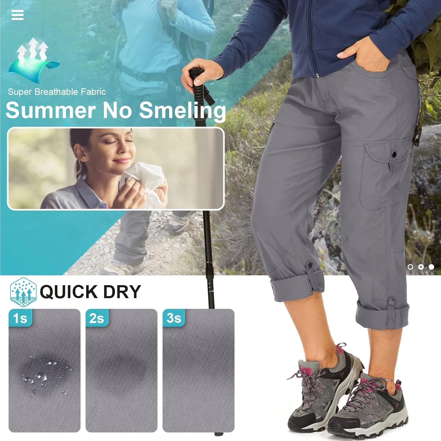 Toomett Women's Hiking Cargo Pants convertible Quick Dry UPF50  Waterproof capri Fishing Safari Travel Pants
