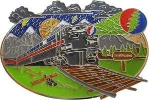 Train Shining Lightning Bolt in Rain Enamel Pin  Whimsical Railroad Accessory for Jackets, Backpacks, and Hats