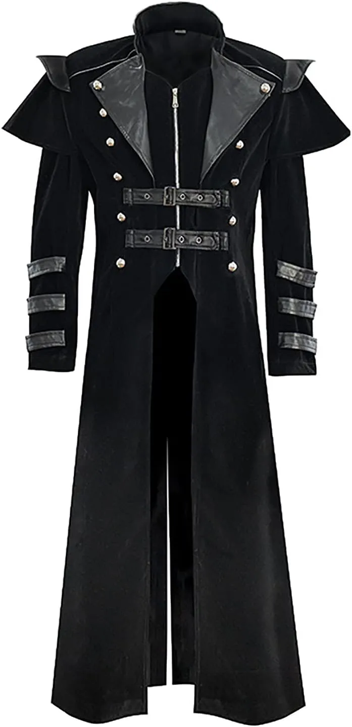 tuduoms Mens Steampunk Vintage Tailcoat Jacket Gothic Medieval Long Trench Coat Jacket Halloween Cosyplay Costume Pirate Coat