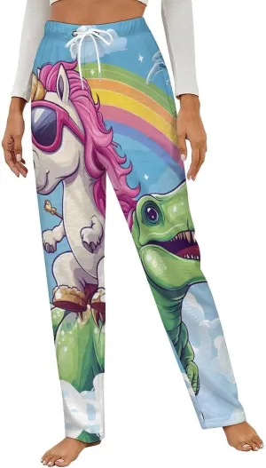 Unicorm on Dinosaur Rainbow Womens Flannel Pajama Pants Long Length Sleep Lounge Pants with Drawstring Belt Loungewear