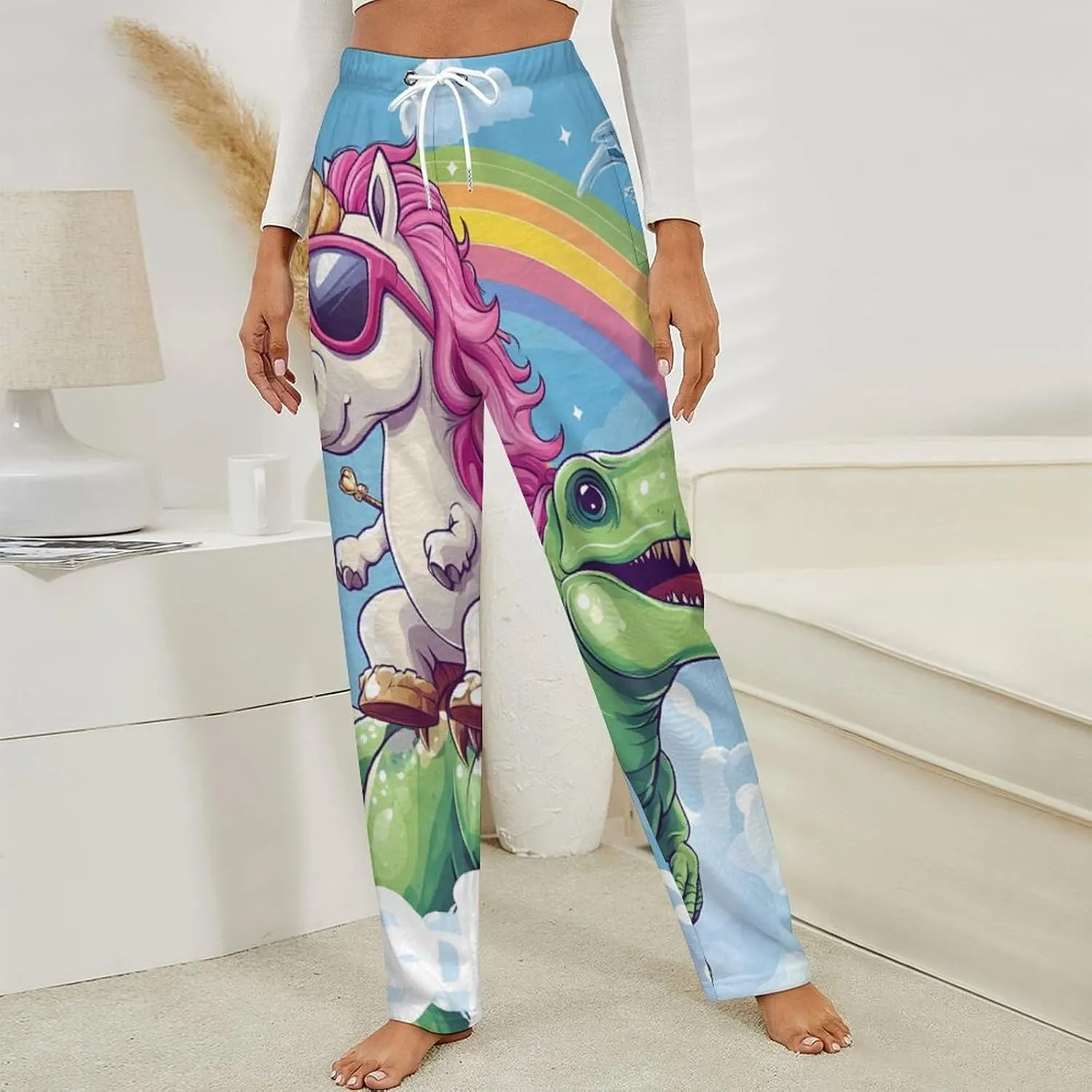 Unicorm on Dinosaur Rainbow Womens Flannel Pajama Pants Long Length Sleep Lounge Pants with Drawstring Belt Loungewear
