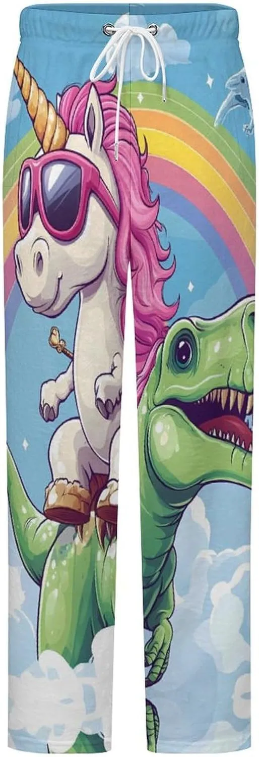 Unicorm on Dinosaur Rainbow Womens Flannel Pajama Pants Long Length Sleep Lounge Pants with Drawstring Belt Loungewear
