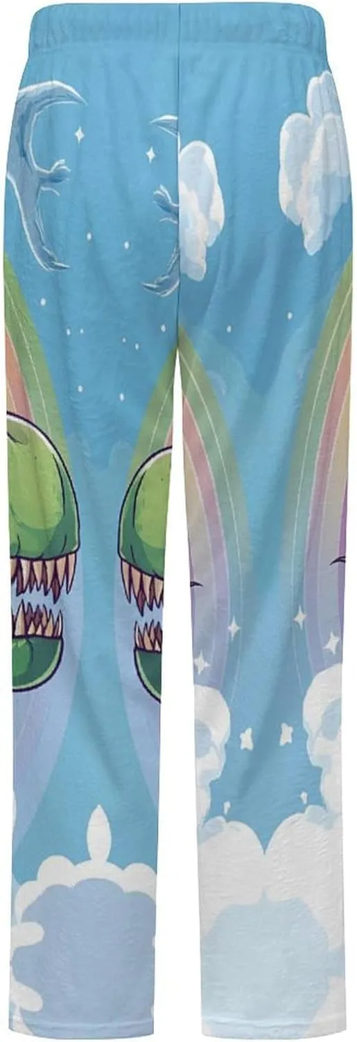 Unicorm on Dinosaur Rainbow Womens Flannel Pajama Pants Long Length Sleep Lounge Pants with Drawstring Belt Loungewear