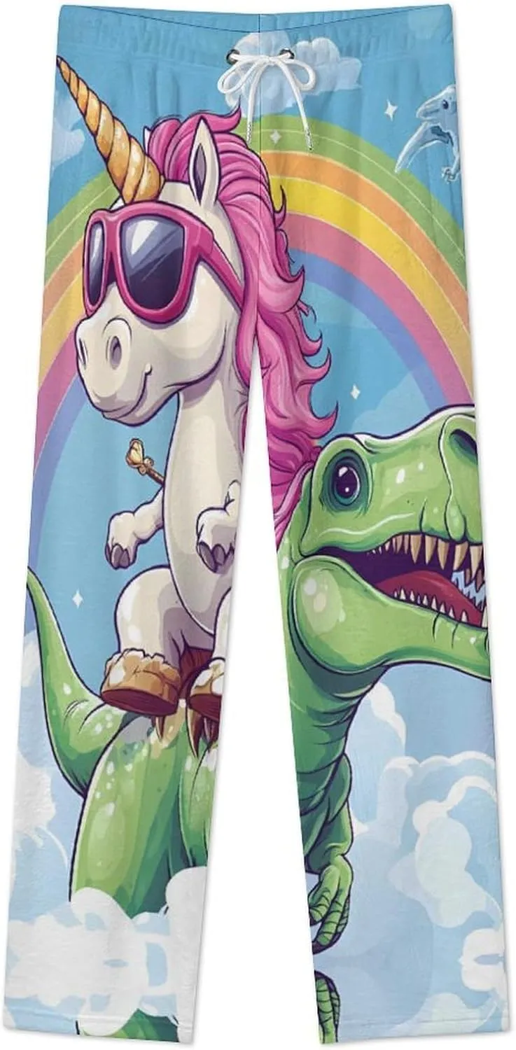 Unicorm on Dinosaur Rainbow Womens Flannel Pajama Pants Long Length Sleep Lounge Pants with Drawstring Belt Loungewear