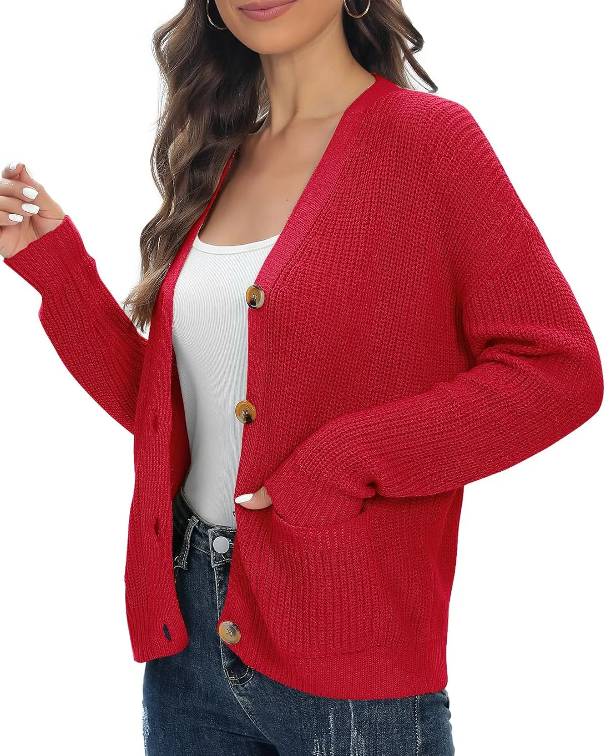 Urban CoCo Women's Lightweight Knit Open Front V-Neck Long Sleeve Button Down Casual Cardigan with Pockets