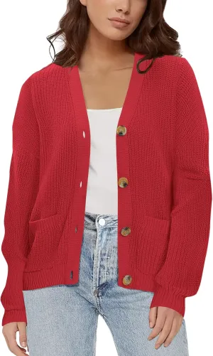 Urban CoCo Women's Lightweight Knit Open Front V-Neck Long Sleeve Button Down Casual Cardigan with Pockets