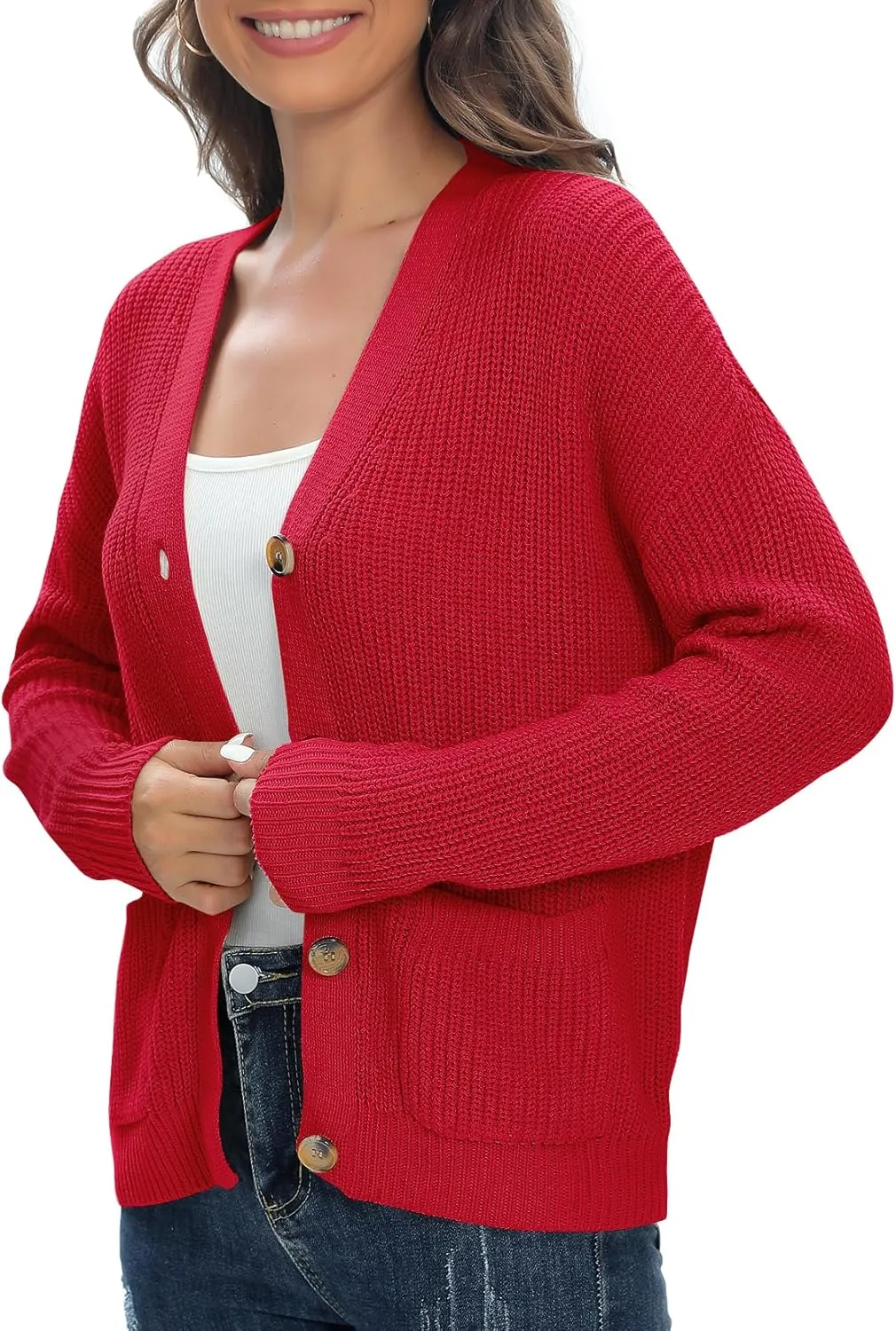Urban CoCo Women's Lightweight Knit Open Front V-Neck Long Sleeve Button Down Casual Cardigan with Pockets
