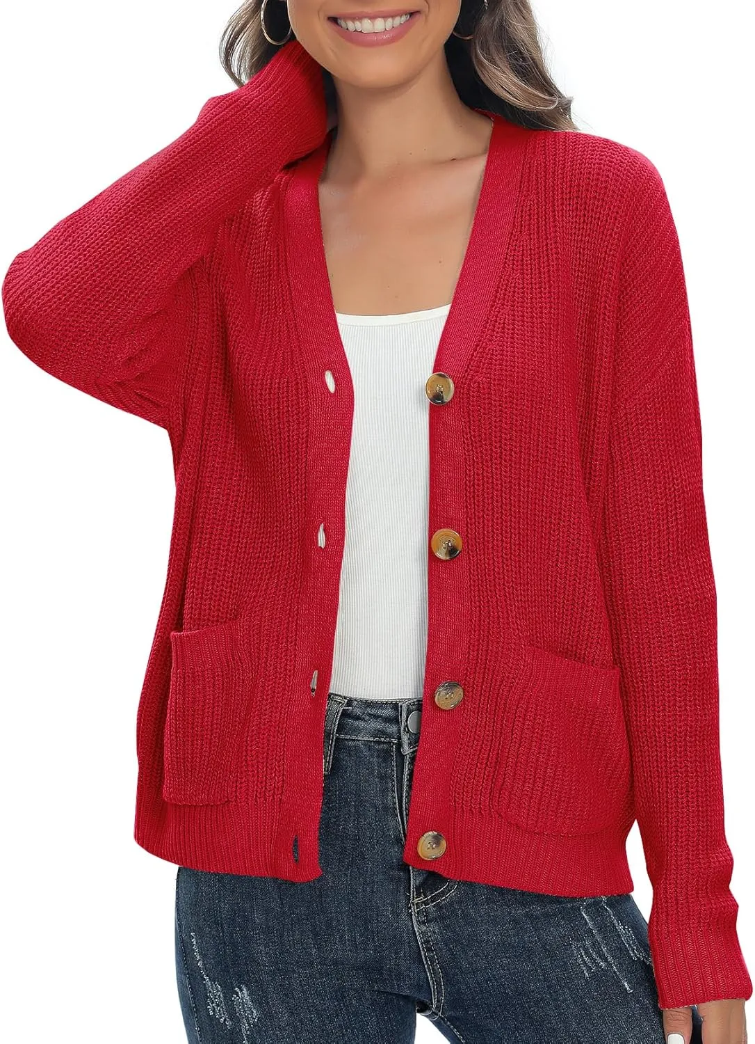 Urban CoCo Women's Lightweight Knit Open Front V-Neck Long Sleeve Button Down Casual Cardigan with Pockets