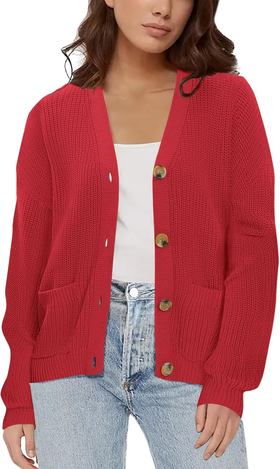 Urban CoCo Women's Lightweight Knit Open Front V-Neck Long Sleeve Button Down Casual Cardigan with Pockets