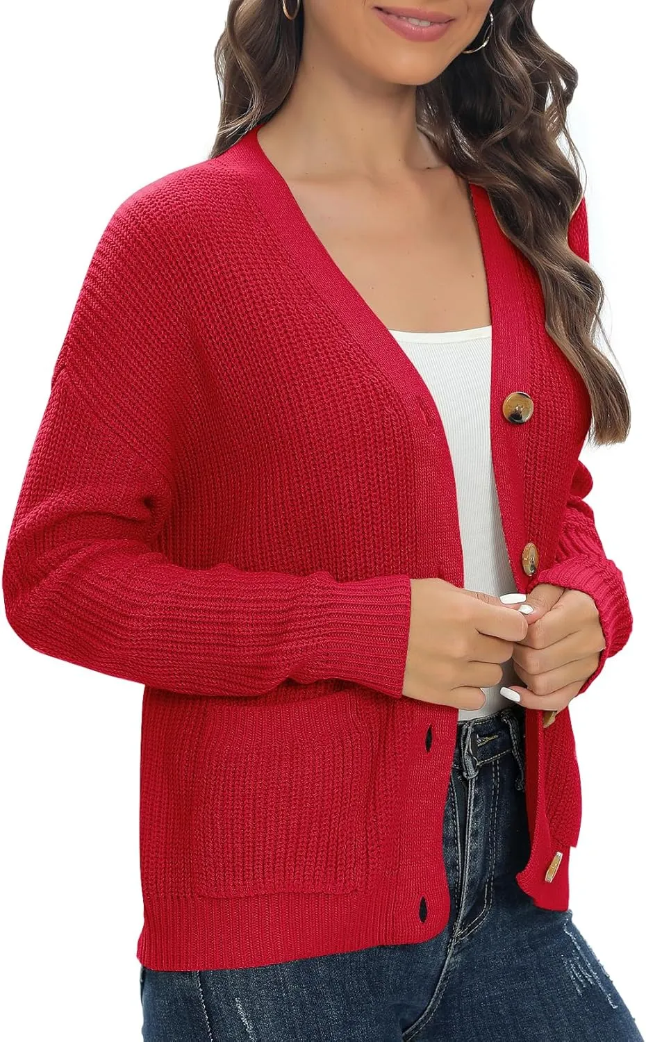 Urban CoCo Women's Lightweight Knit Open Front V-Neck Long Sleeve Button Down Casual Cardigan with Pockets