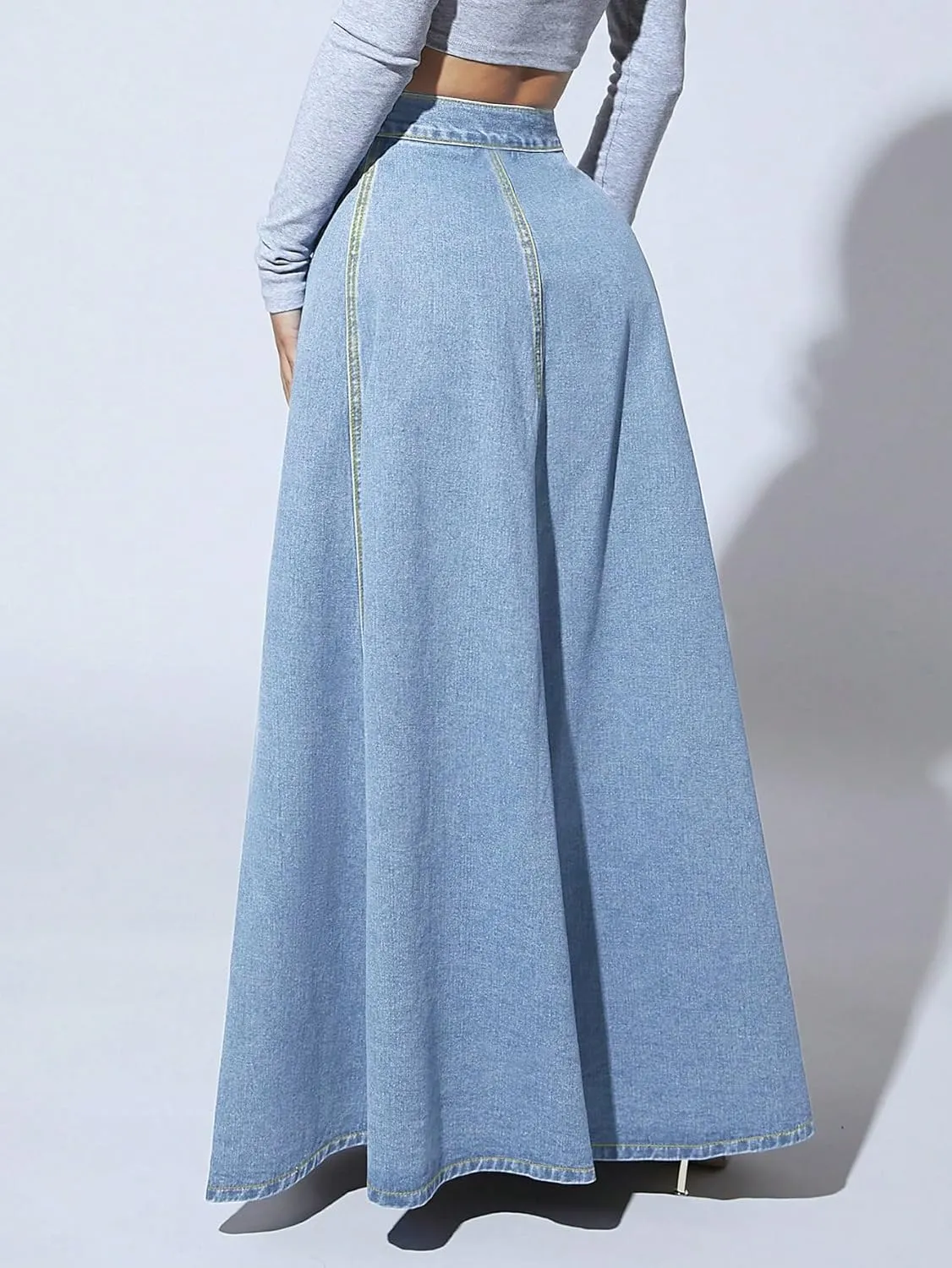 utcoco Women's 2024 Fashion High Waist Maxi Denim Skirt Button-Fly A-Line Swing Long Jean Skirts