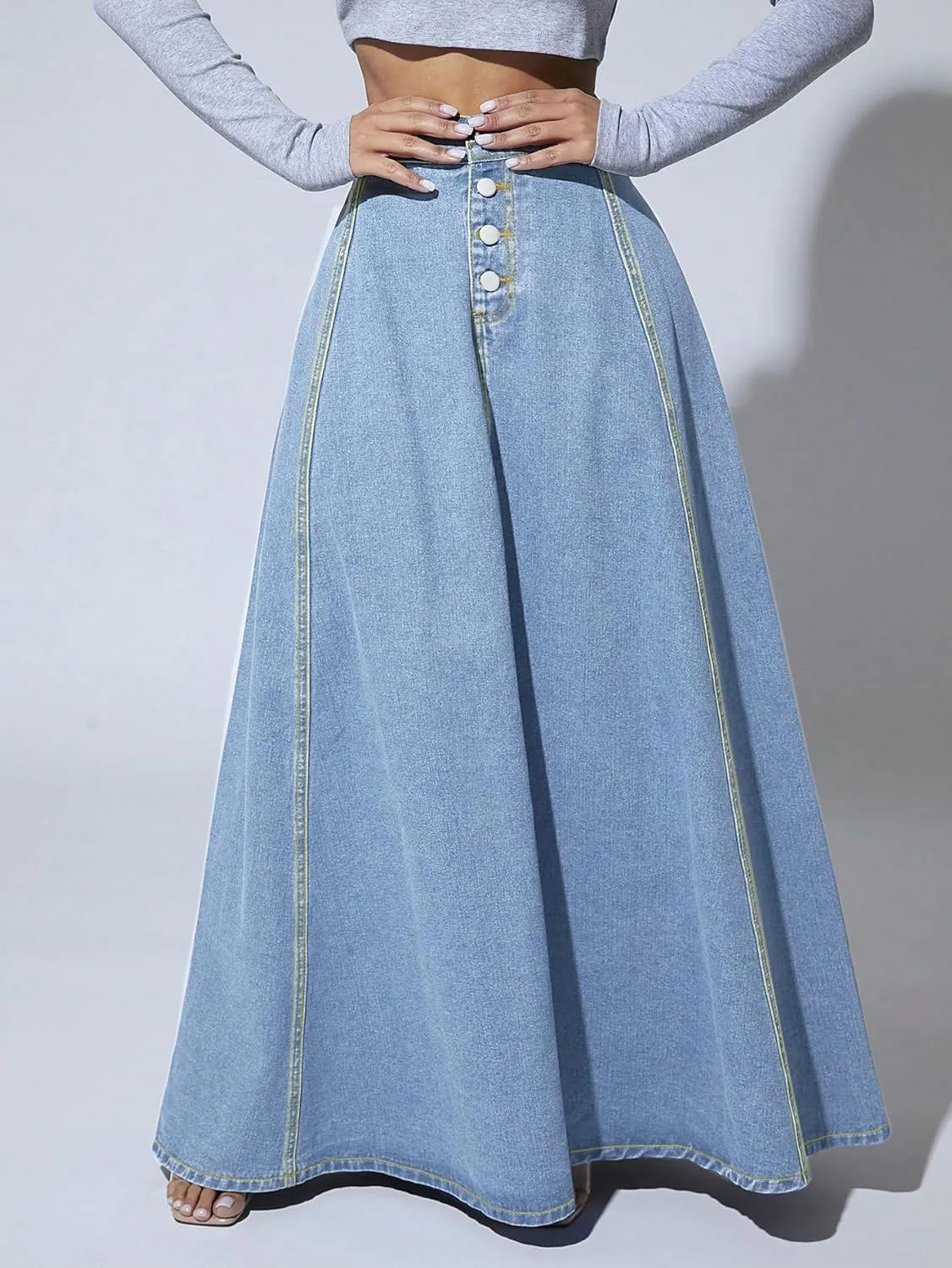 utcoco Women's 2024 Fashion High Waist Maxi Denim Skirt Button-Fly A-Line Swing Long Jean Skirts