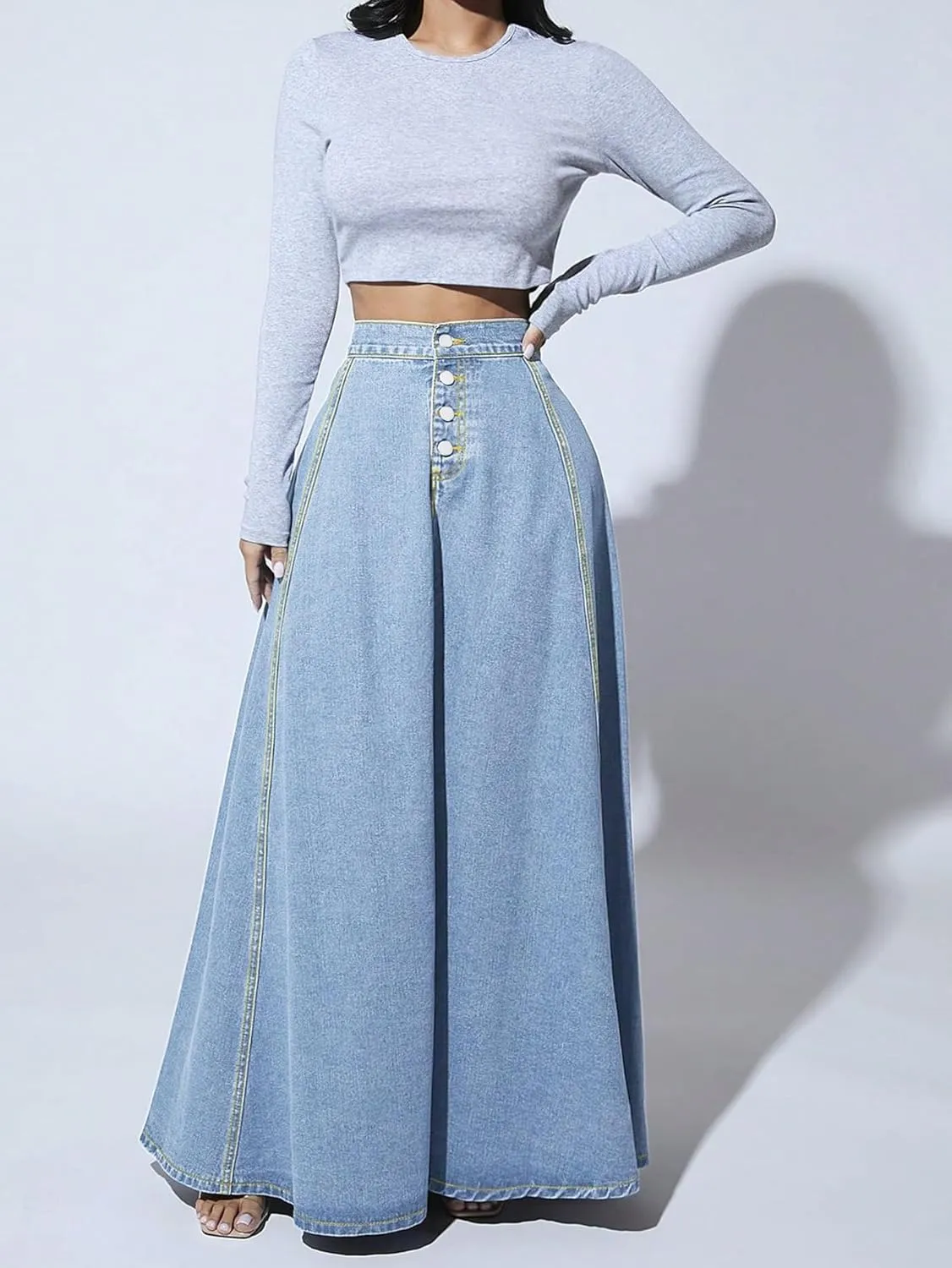 utcoco Women's 2024 Fashion High Waist Maxi Denim Skirt Button-Fly A-Line Swing Long Jean Skirts