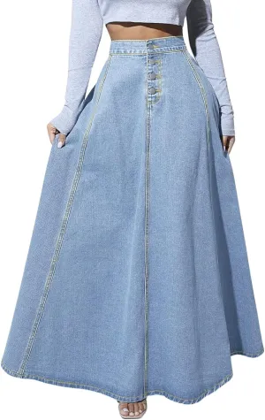 utcoco Women's 2024 Fashion High Waist Maxi Denim Skirt Button-Fly A-Line Swing Long Jean Skirts