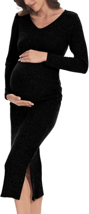 V Neck Side Ruch Knit Ribbed Maternity Bodycon DressMaternity Dress for Baby Shower