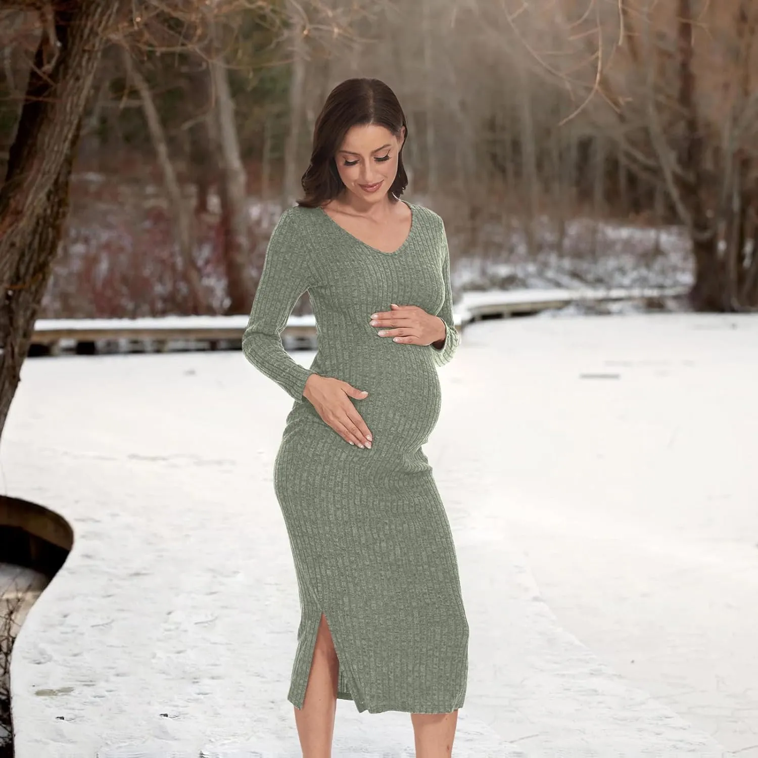 V Neck Side Ruch Knit Ribbed Maternity Bodycon DressMaternity Dress for Baby Shower